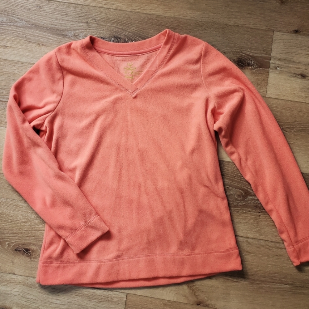 women's small light orange v neck fleece pullover euc